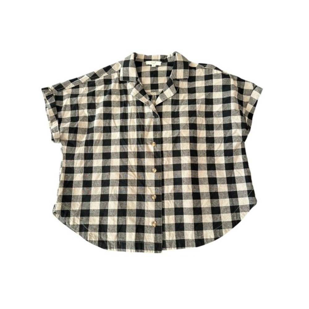 Easel Size Small Boxy Black‎ Tan Buffalo Plaid Short Sleeve Button Down Shirt